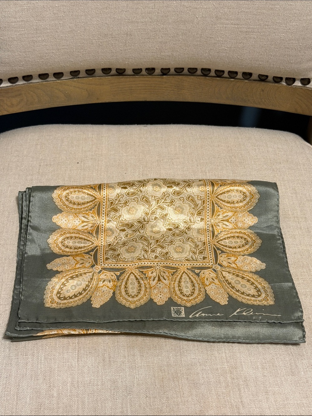 Vintage Anne Klein Grey and Gold Paisley Silk Scarf